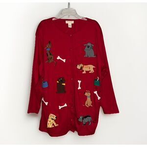 Vtg Bechamel Embroidered Dog Novelty Top Button Sweater Shirt Cardigan Red 2X
